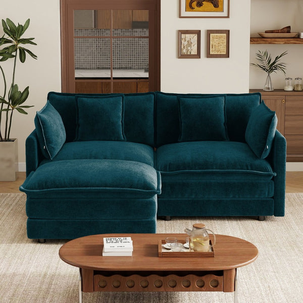 English Elm L-shaped Chenille Sectional Sofa with Ottoman Modular Seating for Compact Living Rooms Blue W714S01969