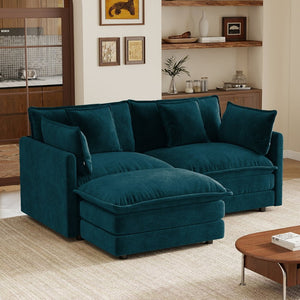 English Elm L-shaped Chenille Sectional Sofa with Ottoman Modular Seating for Compact Living Rooms Blue W714S01969