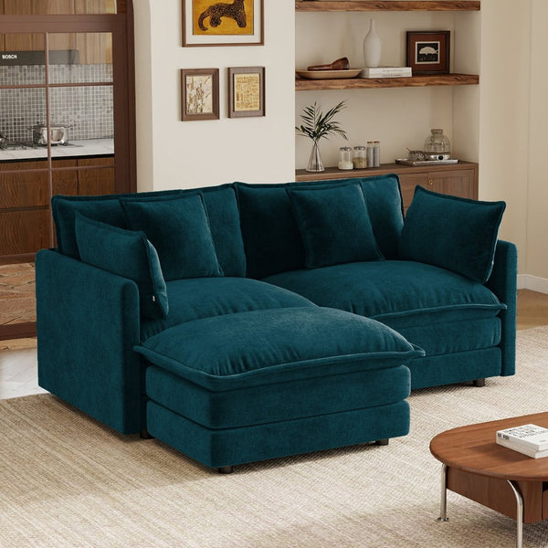 English Elm L-shaped Chenille Sectional Sofa with Ottoman Modular Seating for Compact Living Rooms Blue W714S01969
