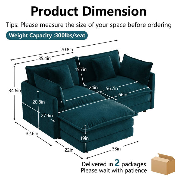 English Elm L-shaped Chenille Sectional Sofa with Ottoman Modular Seating for Compact Living Rooms Blue W714S01969