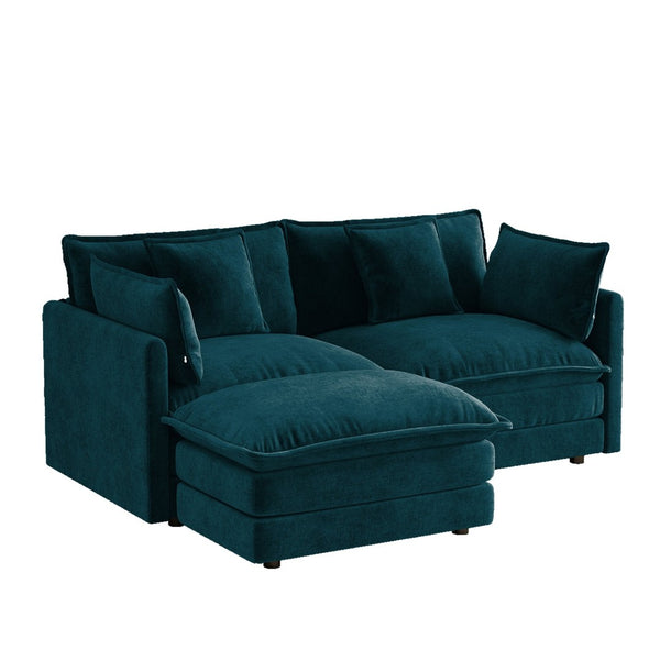 English Elm L-shaped Chenille Sectional Sofa with Ottoman Modular Seating for Compact Living Rooms Blue W714S01969