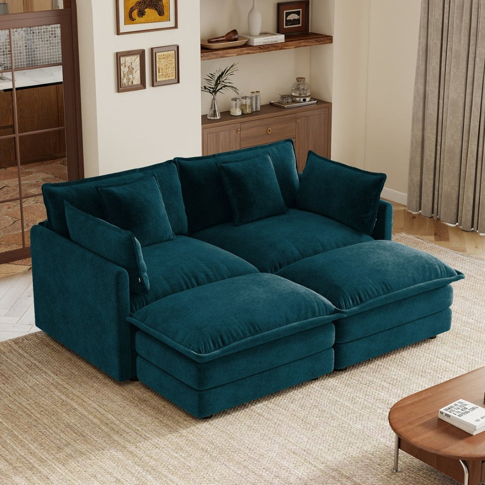 English Elm Two-seater Modular Chenille Sofa with Ottomans and Pillows for Compact Living Rooms Blue W714S01970