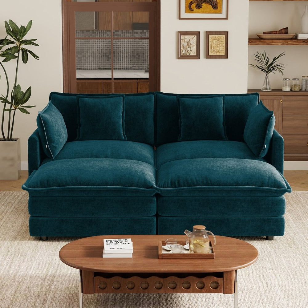 English Elm Two-seater Modular Chenille Sofa with Ottomans and Pillows for Compact Living Rooms Blue W714S01970