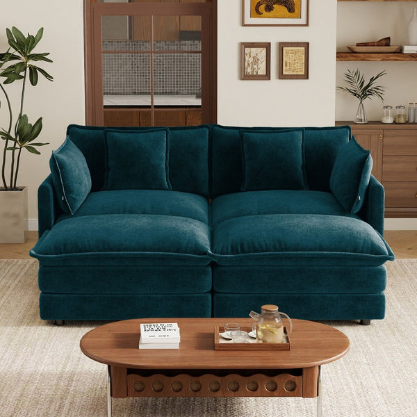 English Elm Two-seater Modular Chenille Sofa with Ottomans and Pillows for Compact Living Rooms Blue W714S01970