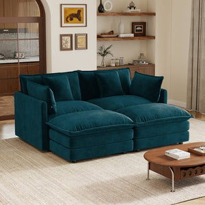 English Elm Two-seater Modular Chenille Sofa with Ottomans and Pillows for Compact Living Rooms Blue W714S01970