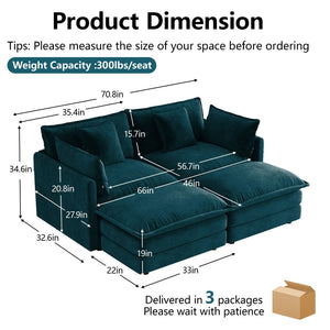 English Elm Two-seater Modular Chenille Sofa with Ottomans and Pillows for Compact Living Rooms Blue W714S01970
