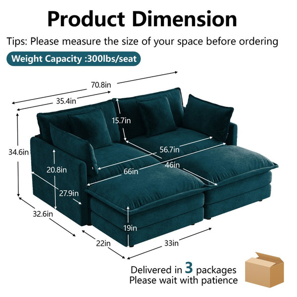 English Elm Two-seater Modular Chenille Sofa with Ottomans and Pillows for Compact Living Rooms Blue W714S01970