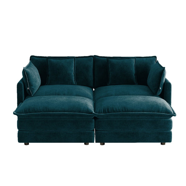 English Elm Two-seater Modular Chenille Sofa with Ottomans and Pillows for Compact Living Rooms Blue W714S01970