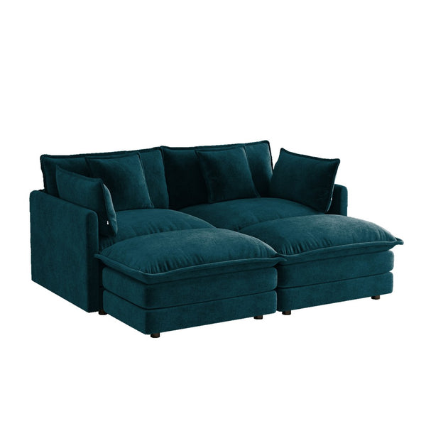 English Elm Two-seater Modular Chenille Sofa with Ottomans and Pillows for Compact Living Rooms Blue W714S01970