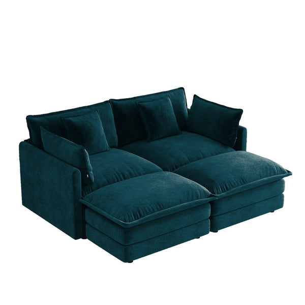 English Elm Two-seater Modular Chenille Sofa with Ottomans and Pillows for Compact Living Rooms Blue W714S01970
