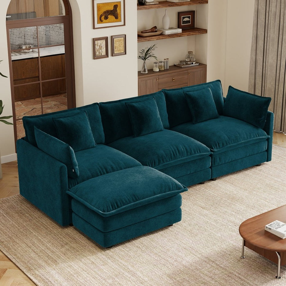 English Elm Oversize Modular Sectional Sofa with Ottoman Chenille Upholstered Living Room Lounger Blue W714S01971