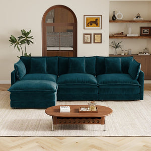 English Elm Oversize Modular Sectional Sofa with Ottoman Chenille Upholstered Living Room Lounger Blue W714S01971
