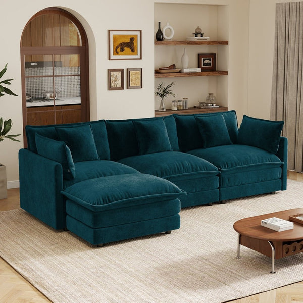 English Elm Oversize Modular Sectional Sofa with Ottoman Chenille Upholstered Living Room Lounger Blue W714S01971