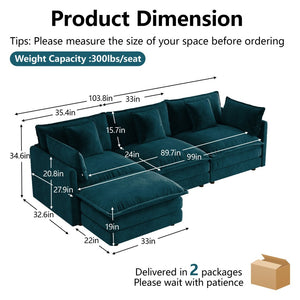 English Elm Oversize Modular Sectional Sofa with Ottoman Chenille Upholstered Living Room Lounger Blue W714S01971