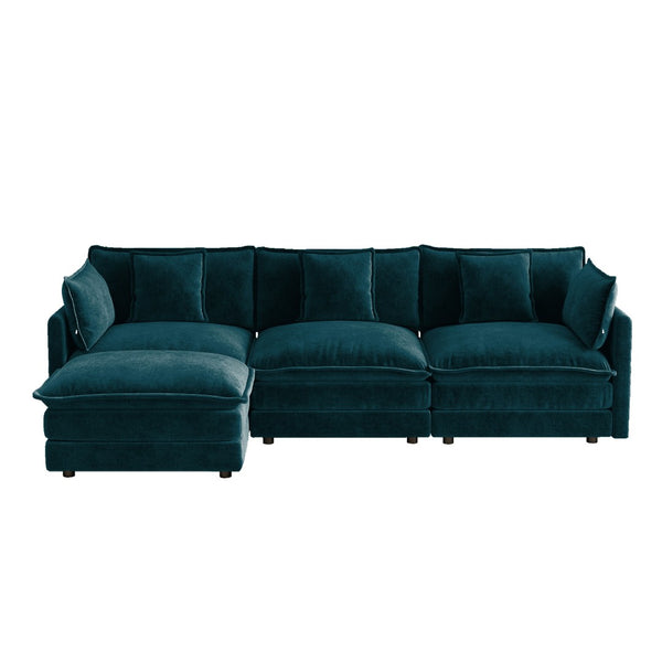English Elm Oversize Modular Sectional Sofa with Ottoman Chenille Upholstered Living Room Lounger Blue W714S01971