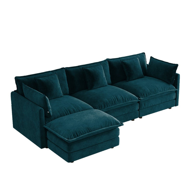 English Elm Oversize Modular Sectional Sofa with Ottoman Chenille Upholstered Living Room Lounger Blue W714S01971