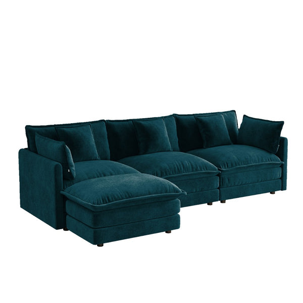 English Elm Oversize Modular Sectional Sofa with Ottoman Chenille Upholstered Living Room Lounger Blue W714S01971
