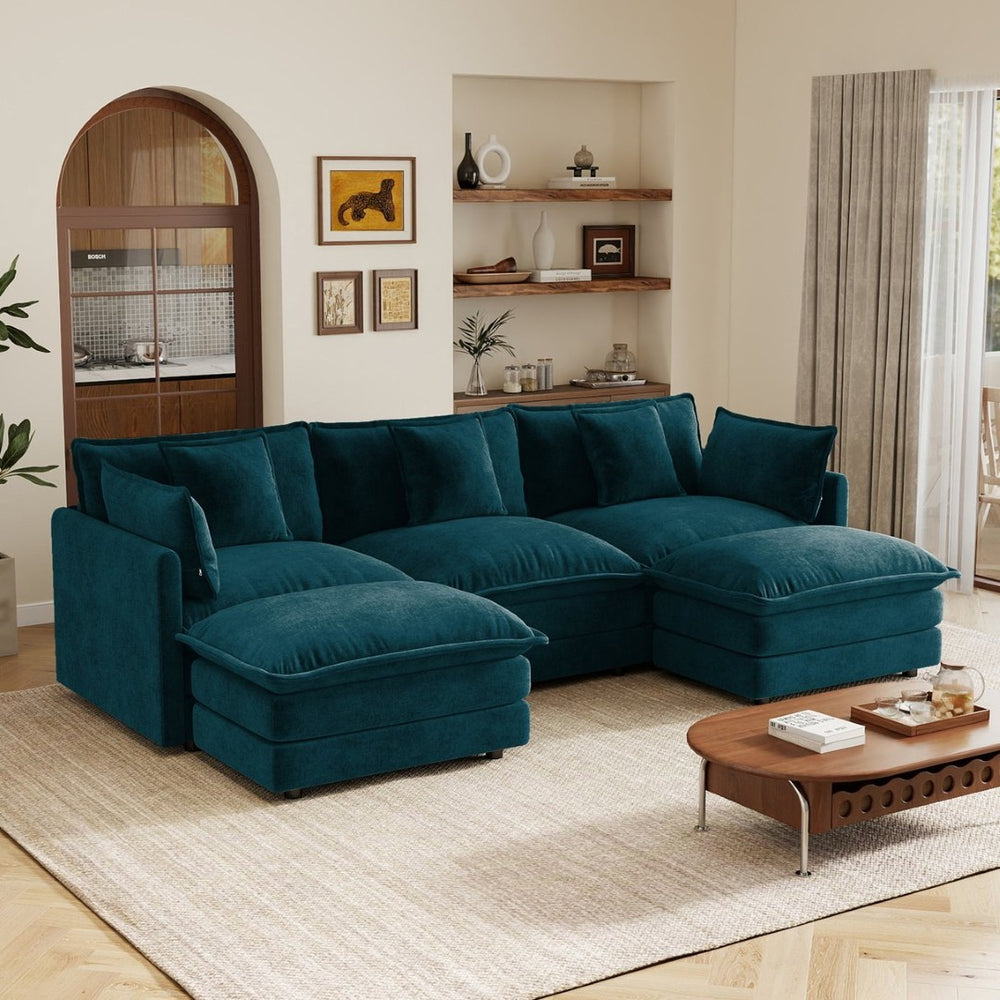 English Elm U-shaped Sectional Sofa Modular Chenille Couch with Two Reversible Ottomans Living Room Blue W714S01972