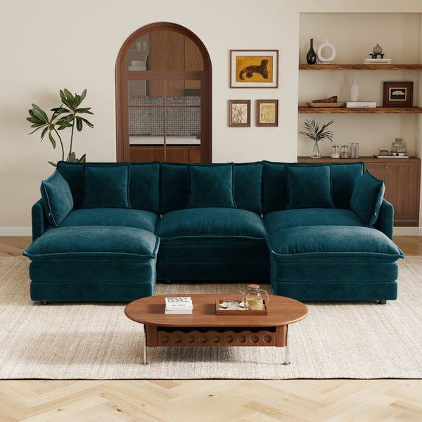 English Elm U-shaped Sectional Sofa Modular Chenille Couch with Two Reversible Ottomans Living Room Blue W714S01972