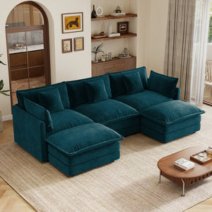 English Elm U-shaped Sectional Sofa Modular Chenille Couch with Two Reversible Ottomans Living Room Blue W714S01972