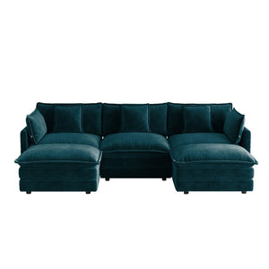 English Elm U-shaped Sectional Sofa Modular Chenille Couch with Two Reversible Ottomans Living Room Blue W714S01972