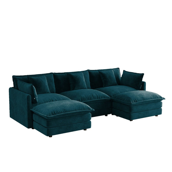 English Elm U-shaped Sectional Sofa Modular Chenille Couch with Two Reversible Ottomans Living Room Blue W714S01972