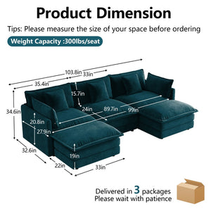 English Elm U-shaped Sectional Sofa Modular Chenille Couch with Two Reversible Ottomans Living Room Blue W714S01972