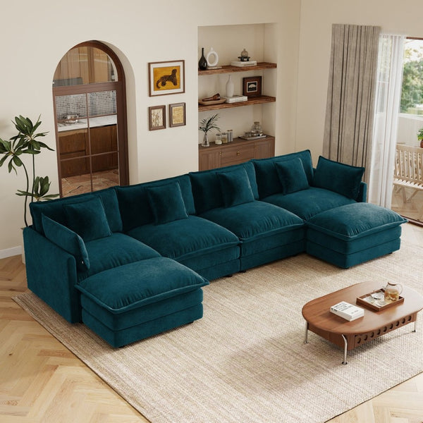 English Elm Oversized U-shaped Modular Sectional Sofa in Chenille with Ottomans for Living Room Blue W714S01974