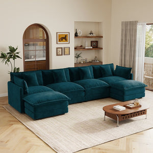 English Elm Oversized U-shaped Modular Sectional Sofa in Chenille with Ottomans for Living Room Blue W714S01974