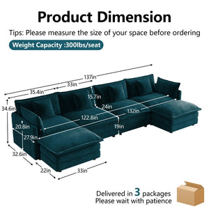 English Elm Oversized U-shaped Modular Sectional Sofa in Chenille with Ottomans for Living Room Blue W714S01974