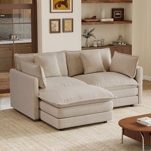 English Elm L-shaped Chenille Sectional Sofa with Ottoman Modular Seating for Compact Living Rooms Light Coffee W714S01975
