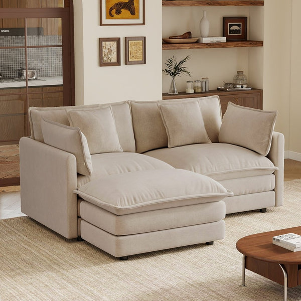 English Elm L-shaped Chenille Sectional Sofa with Ottoman Modular Seating for Compact Living Rooms Light Coffee W714S01975