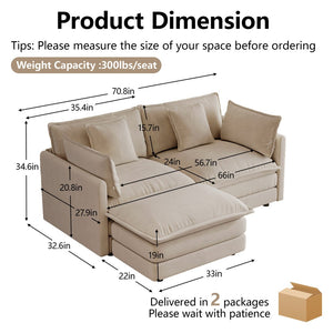 English Elm L-shaped Chenille Sectional Sofa with Ottoman Modular Seating for Compact Living Rooms Light Coffee W714S01975