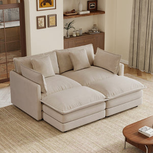 English Elm Two-seater Modular Chenille Sofa with Ottomans and Pillows for Compact Living Rooms Light Coffee W714S01976