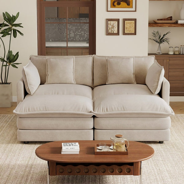 English Elm Two-seater Modular Chenille Sofa with Ottomans and Pillows for Compact Living Rooms Light Coffee W714S01976