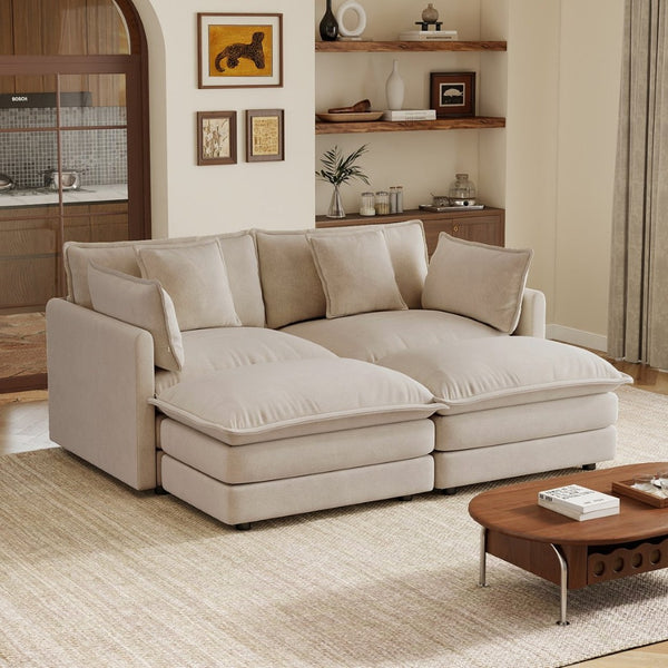 English Elm Two-seater Modular Chenille Sofa with Ottomans and Pillows for Compact Living Rooms Light Coffee W714S01976