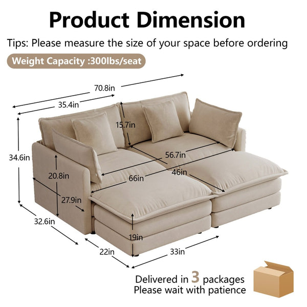 English Elm Two-seater Modular Chenille Sofa with Ottomans and Pillows for Compact Living Rooms Light Coffee W714S01976