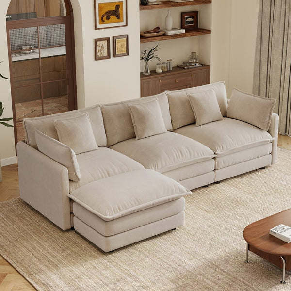 English Elm Oversize Modular Sectional Sofa with Ottoman Chenille Upholstered Living Room Lounger Light Coffee W714S01977