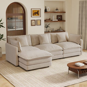 English Elm Oversize Modular Sectional Sofa with Ottoman Chenille Upholstered Living Room Lounger Light Coffee W714S01977