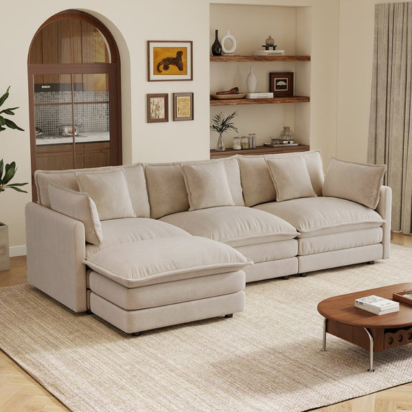 English Elm Oversize Modular Sectional Sofa with Ottoman Chenille Upholstered Living Room Lounger Light Coffee W714S01977