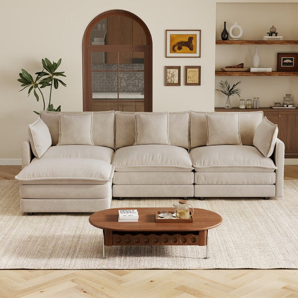 English Elm Oversize Modular Sectional Sofa with Ottoman Chenille Upholstered Living Room Lounger Light Coffee W714S01977
