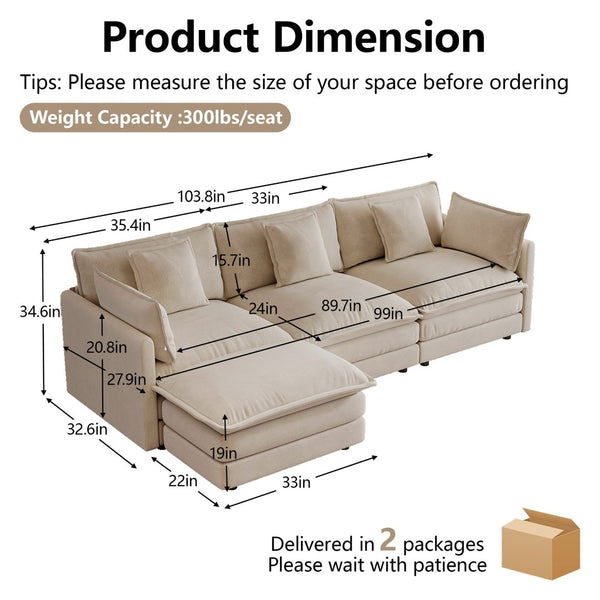 English Elm Oversize Modular Sectional Sofa with Ottoman Chenille Upholstered Living Room Lounger Light Coffee W714S01977
