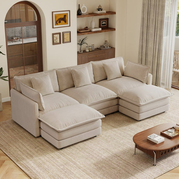 English Elm U-shaped Sectional Sofa Modular Chenille Couch with Two Reversible Ottomans Living Room Light Coffee W714S01978