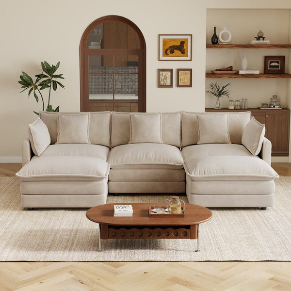 English Elm U-shaped Sectional Sofa Modular Chenille Couch with Two Reversible Ottomans Living Room Light Coffee W714S01978