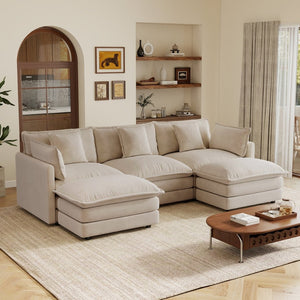 English Elm U-shaped Sectional Sofa Modular Chenille Couch with Two Reversible Ottomans Living Room Light Coffee W714S01978