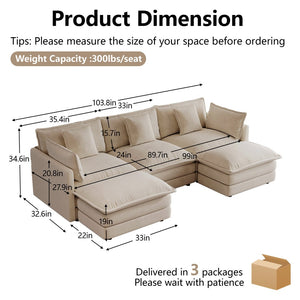 English Elm U-shaped Sectional Sofa Modular Chenille Couch with Two Reversible Ottomans Living Room Light Coffee W714S01978