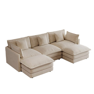 English Elm U-shaped Sectional Sofa Modular Chenille Couch with Two Reversible Ottomans Living Room Light Coffee W714S01978
