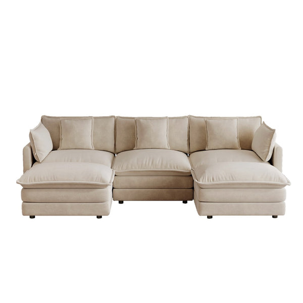 English Elm U-shaped Sectional Sofa Modular Chenille Couch with Two Reversible Ottomans Living Room Light Coffee W714S01978