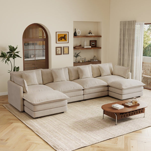 English Elm Oversized U-shaped Modular Sectional Sofa in Chenille with Ottomans for Living Room Light Coffee W714S01980