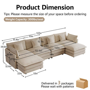 English Elm Oversized U-shaped Modular Sectional Sofa in Chenille with Ottomans for Living Room Light Coffee W714S01980